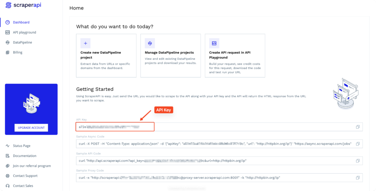 Getting the API key from ScraperAPI dashboard page