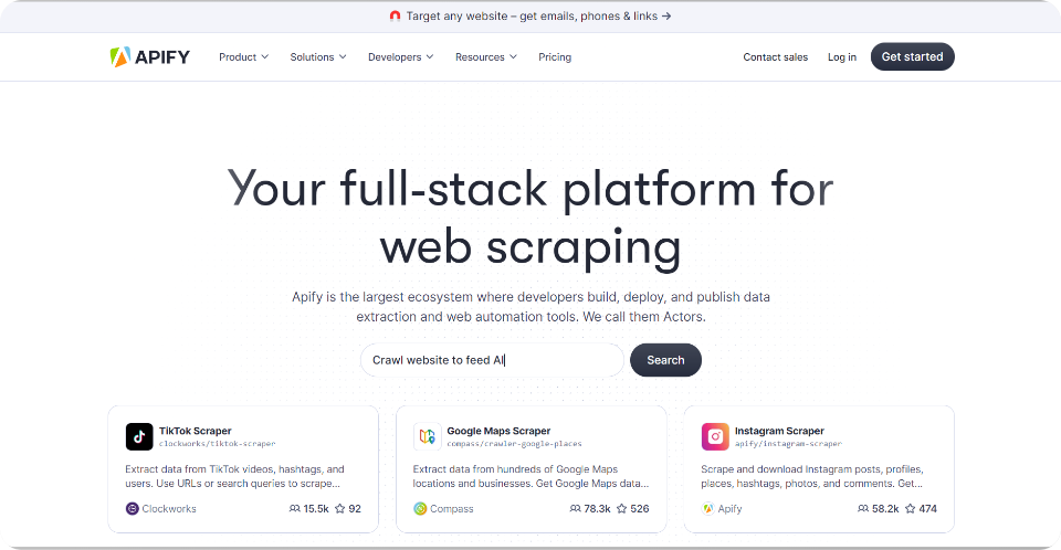 Apify scraping infrastructure dashboard