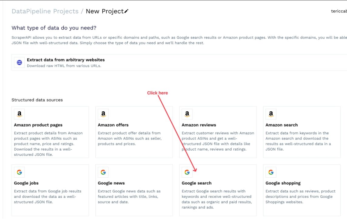 Arrow pointing to a button to create a new Google Search scraping project in DataPipeline