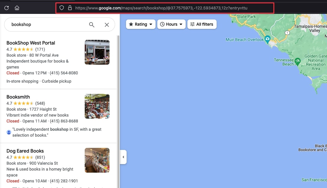 Google Maps search results for bookshop