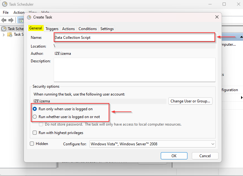 Describing the task with windows task scheduler