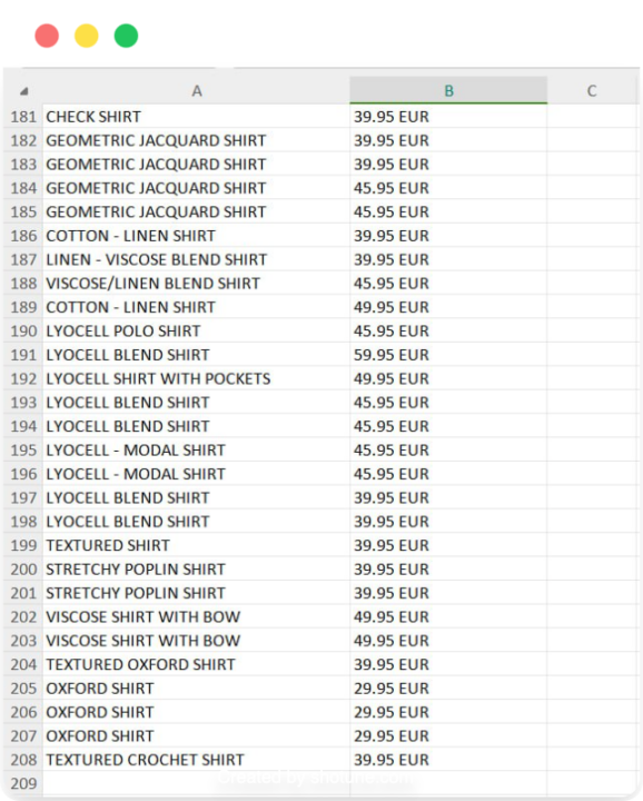 CSV file containing product names and prices