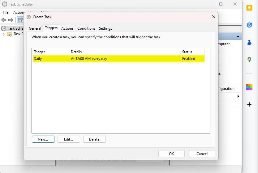 Saving the trigger with windows task scheduler