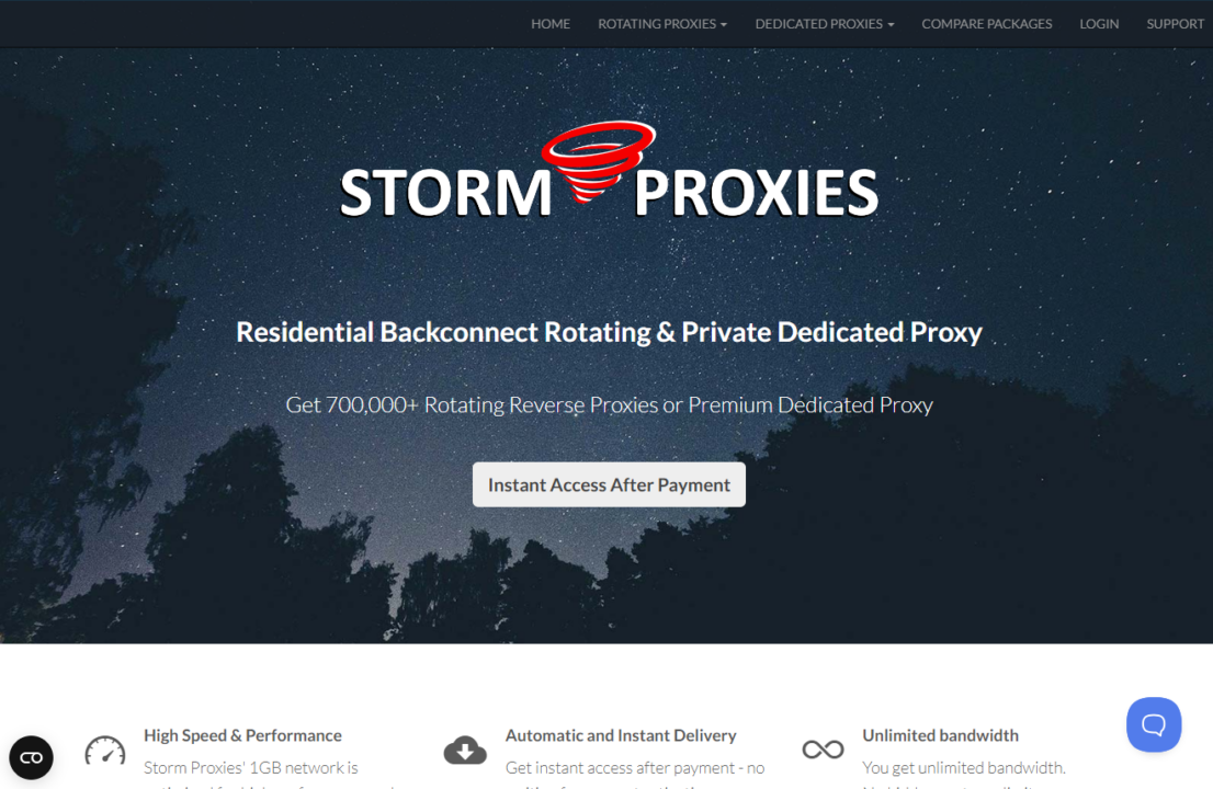 Storm Proxies residential proxy dashboard page