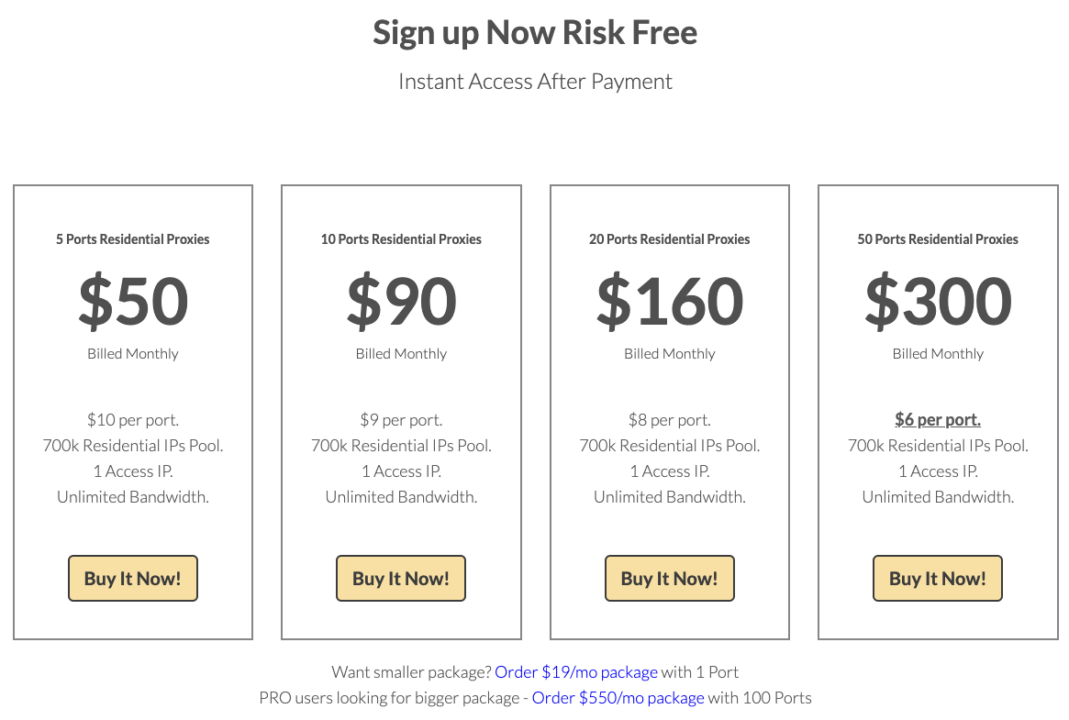 Storm Proxies pricing listing