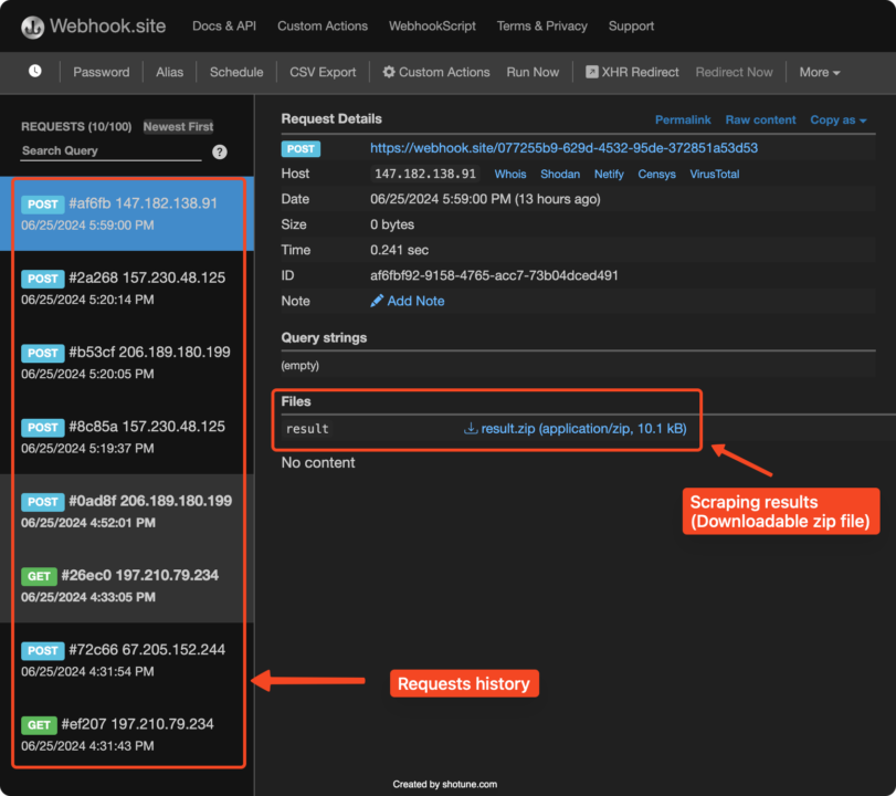 Webhook scraping results incoming data 