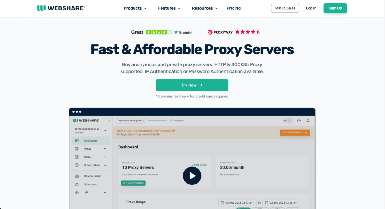 Webshare proxy dashboard page