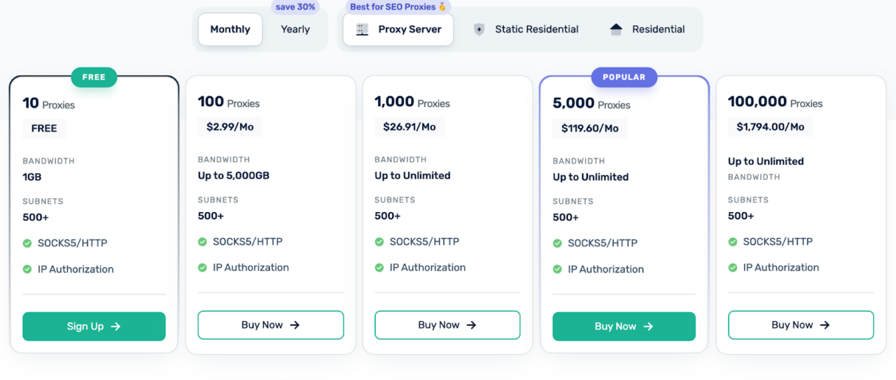 Webshare pricing listing