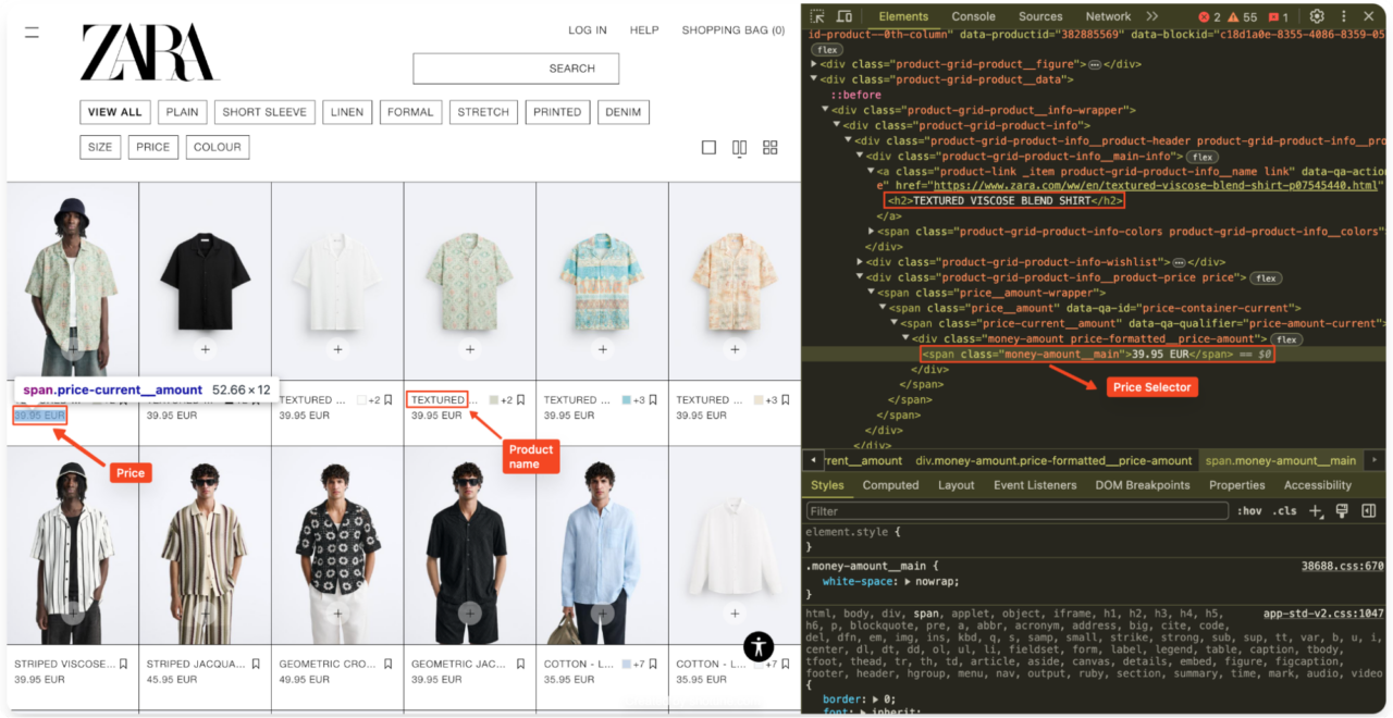 Inspecting Zara product name and price on HTML