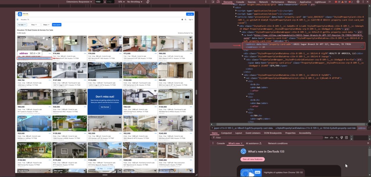 Inspecting CSS selectors for the Zillow property listings