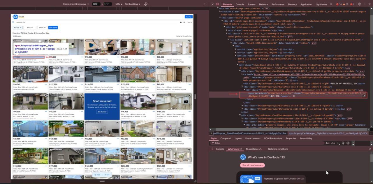 Zillow property prices CSS selector highlighted within the source code